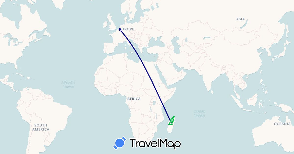TravelMap itinerary: driving, bus, plane in Belgium, Madagascar (Africa, Europe)